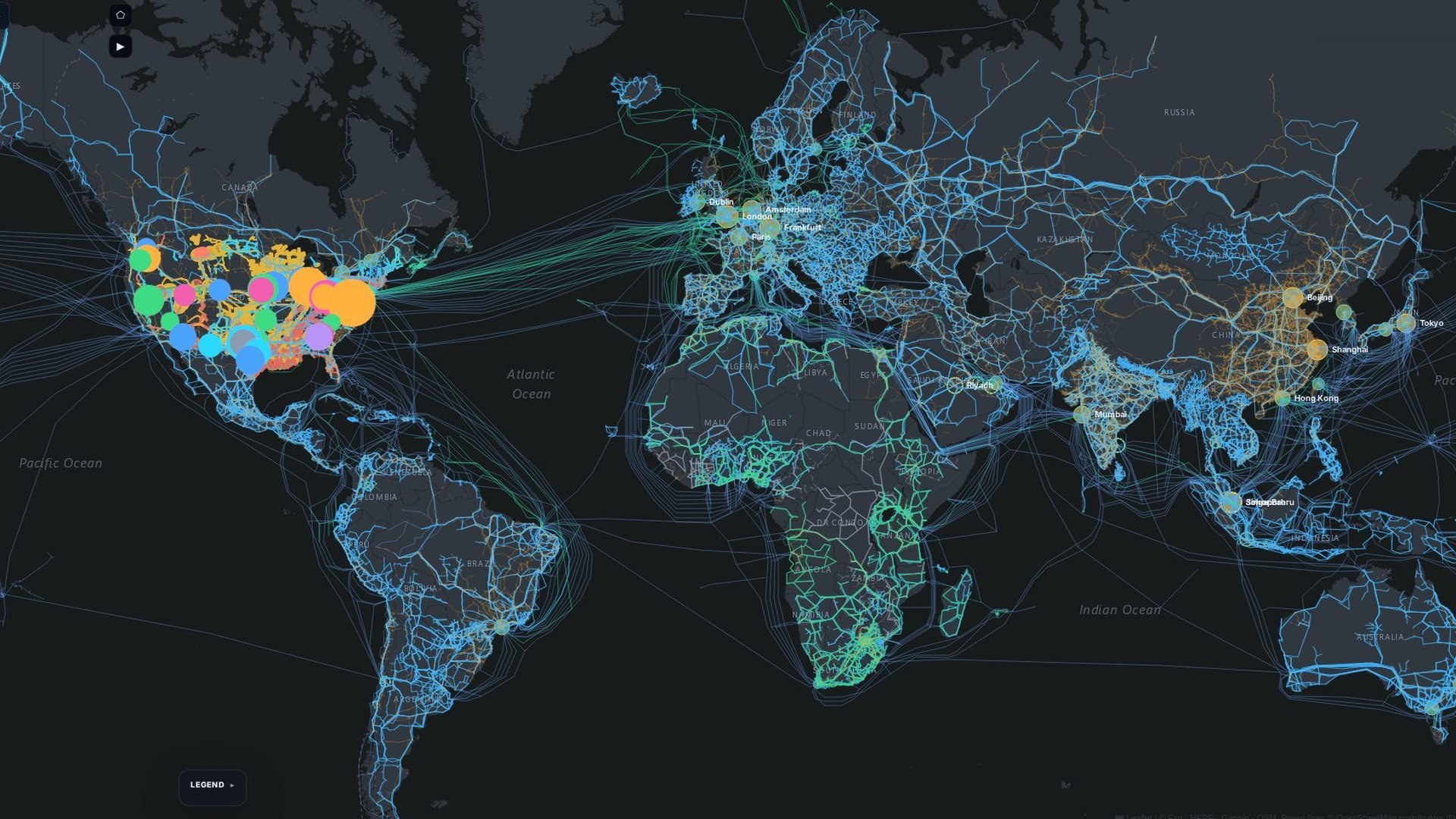 Dark world map of pipelines, transmission lines and data-center clusters